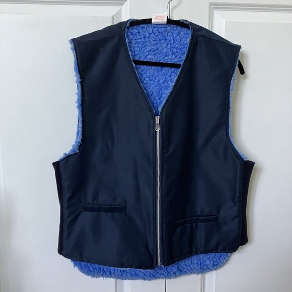Vintage Blue Faux Fur Lined Vest Mens L Navy Blue Full Zip Workwear Made Canada - Picture 1 of 9